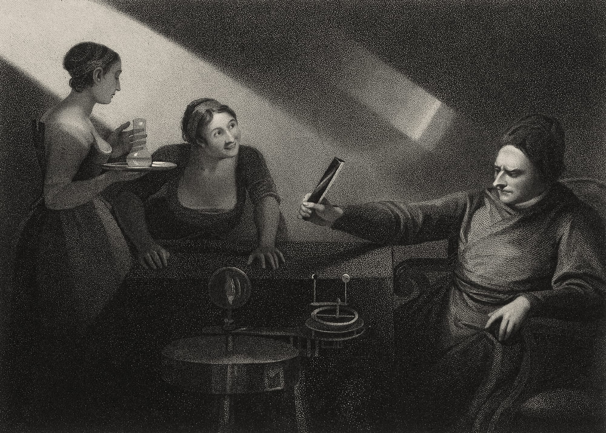 Isaac Newton holds a prism in a dark room, facing two women.