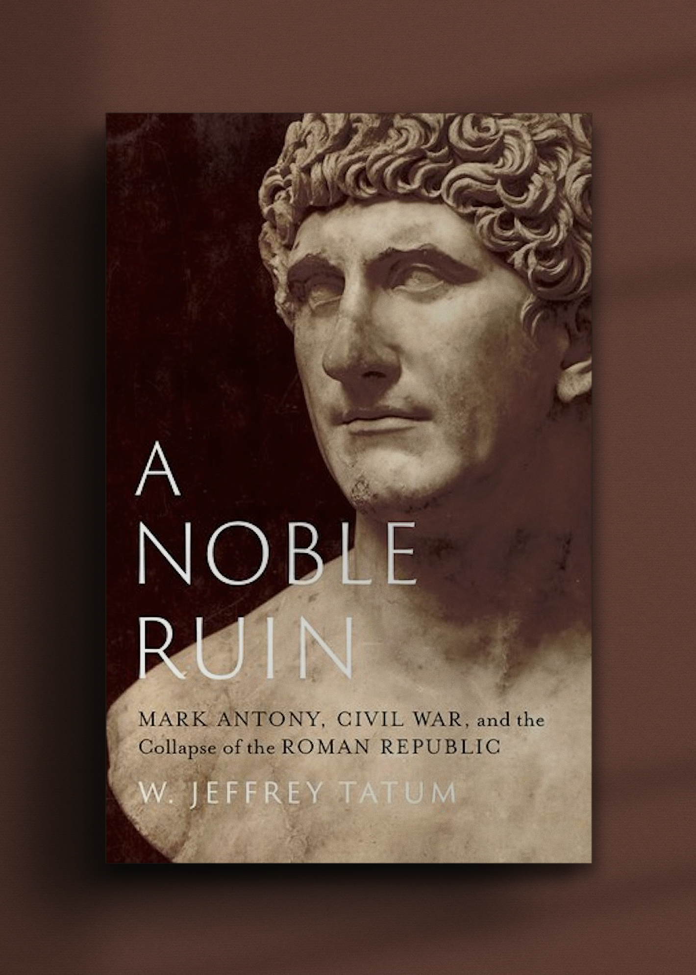 Book cover featuring a marble bust of a Roman figure with curly hair on a dark background. Title reads "A Noble Ruin" by W. Jeffrey Tatum.