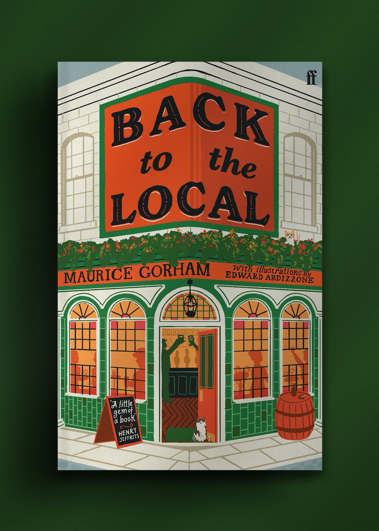 Book cover titled "Back to the Local" by Maurice Gorham, featuring a Victorian pub entrance with green tiles, plants, and a cat. 
