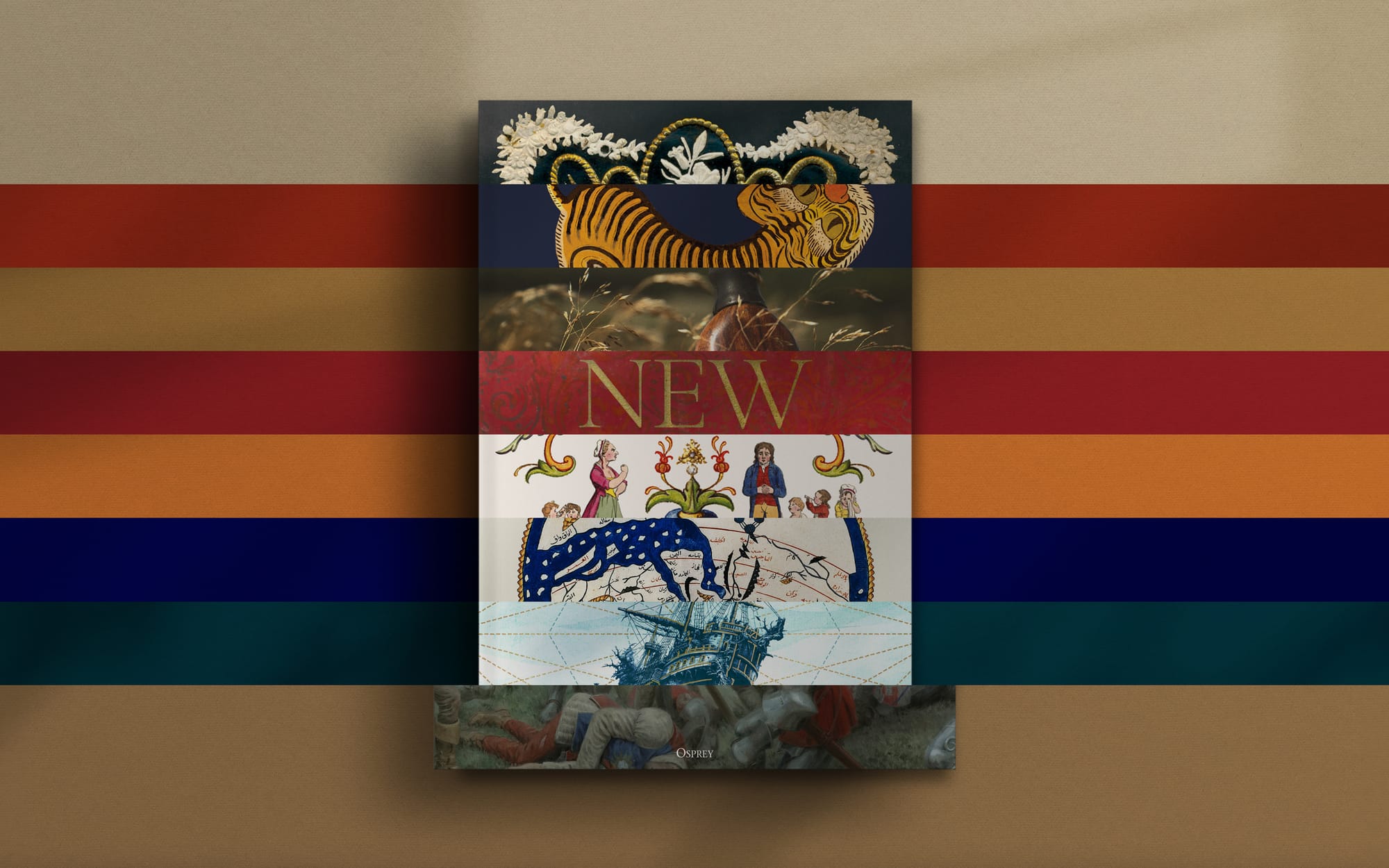 Colourful illustration of book covers, featuring a tiger, abstract patterns, and historical motifs with the word 'NEW' in bold red text across the centre.